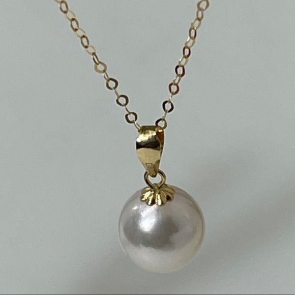 18K Solid Gold Certificated 8.5 mm Natural White AKOYA Pearl Pendant Necklace - Picture 9 of 13